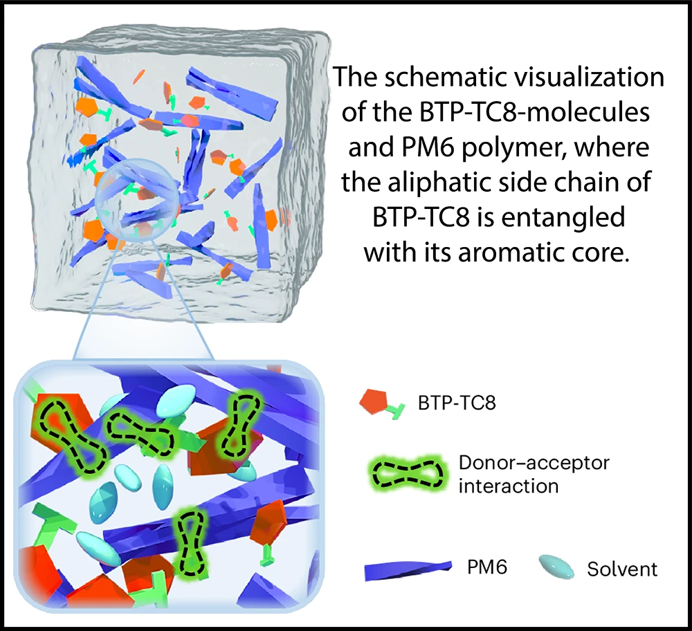 Schematická vizualizace molekul BTP-TC8 a polymeru PM6, kde alifatický postranní řetězec BTP-TC8 je zapleten se svými aromatickými kruhy.